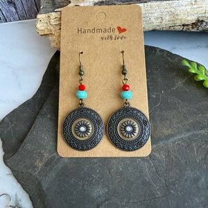 Bohemian Rustic Earrings with Turquoise and Red Beads